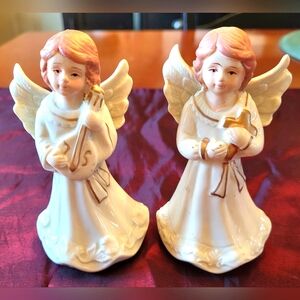 2 Vtg Ceramic Angel Figurines Handpainted Ivory Gold Christmas Communion Cross